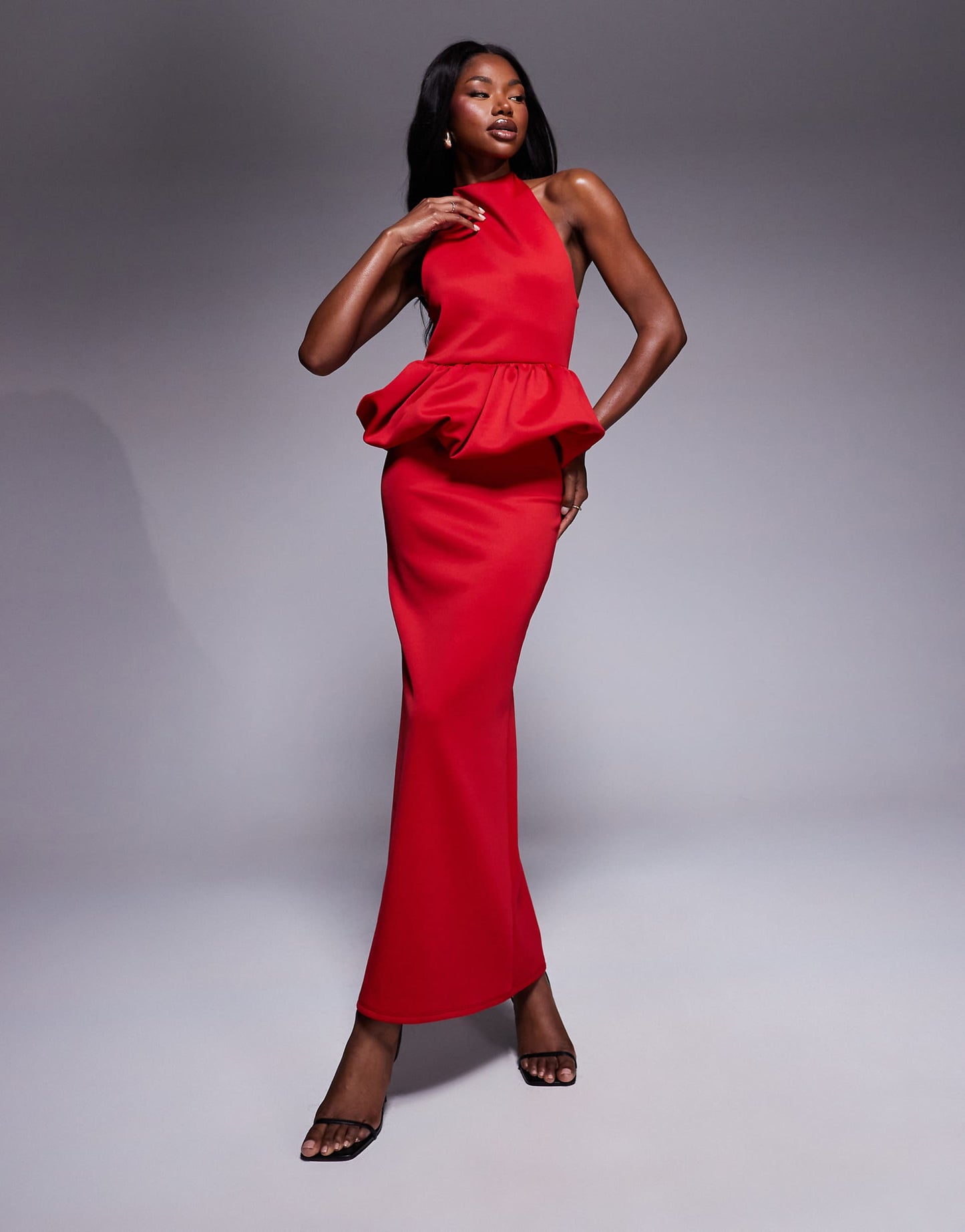 Scuba High Neck Puff Peplum Midi Dress