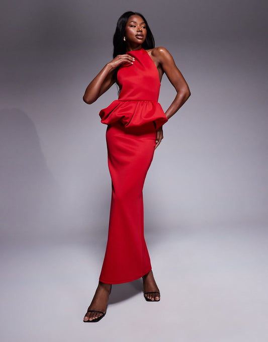 Scuba High Neck Puff Peplum Midi Dress
