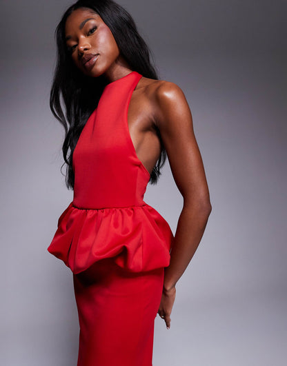 Scuba High Neck Puff Peplum Midi Dress