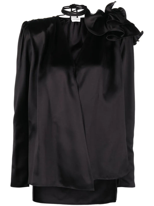 Detachable Floral-Appliqué Silk Blouse