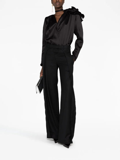 Detachable Floral-Appliqué Silk Blouse