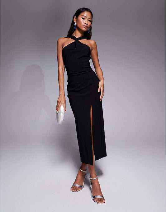 Bengaline Twist Front Halter Neck Side Split Midaxi Dress