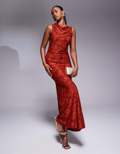 Sleeveless Twisted Shoulder Devore Maxi Dress