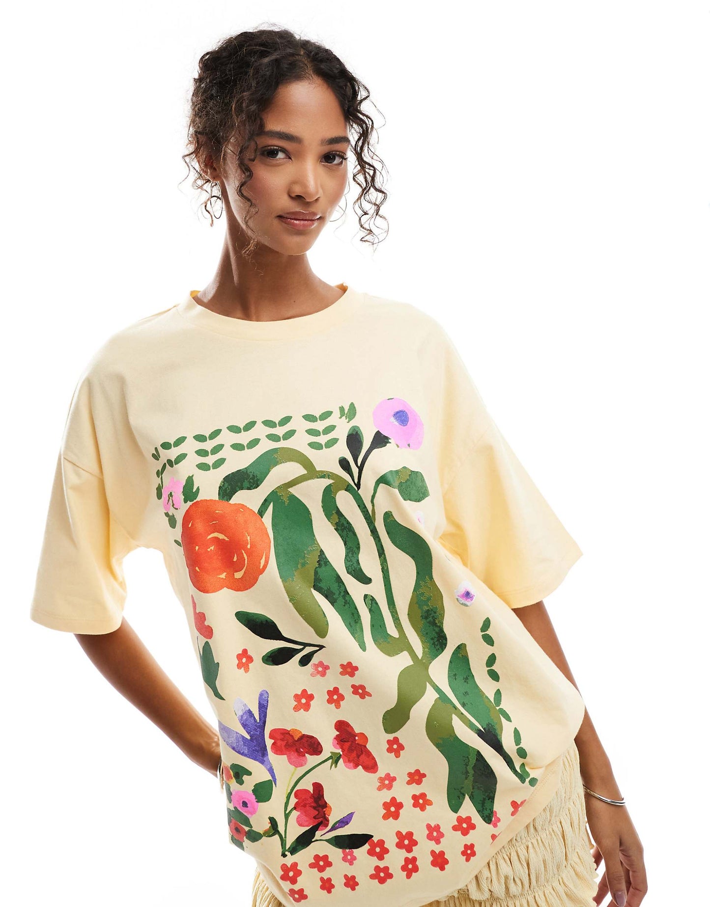 Oversized Tee With Painterly Floral Graphic