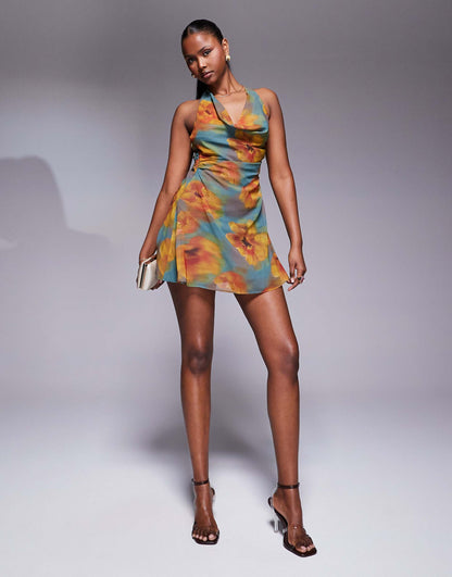 Cowl Neck Chiffon Mini Dress