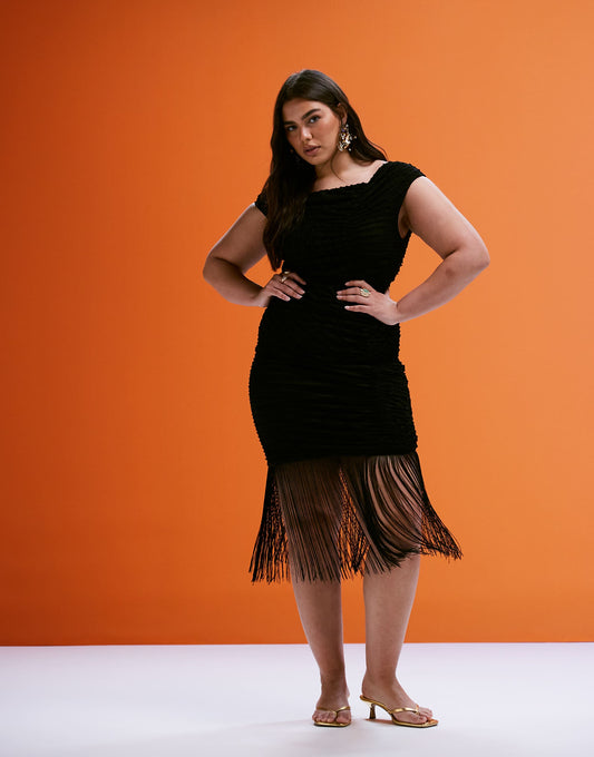 Curve Textured Asymmetric Neckline Midi Dress With Fringe Hem
