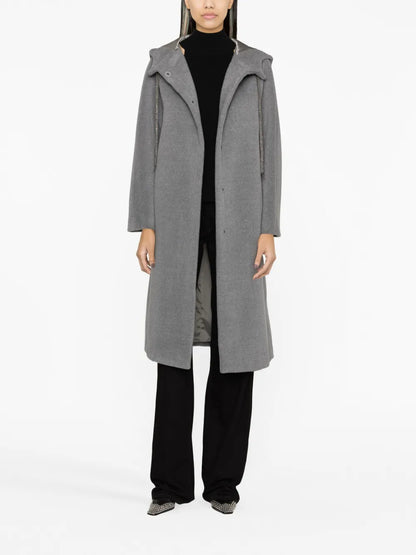 Drawstring-Hood Belted Midi Coat