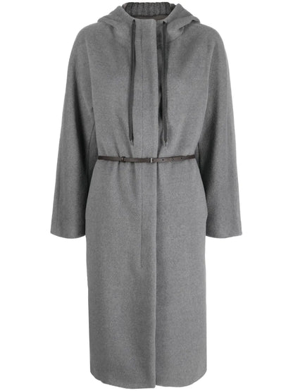 Drawstring-Hood Belted Midi Coat