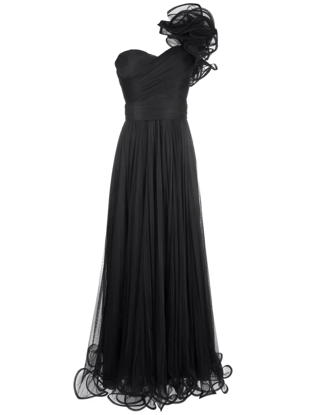 Floral-Appliqué Pleated Gown