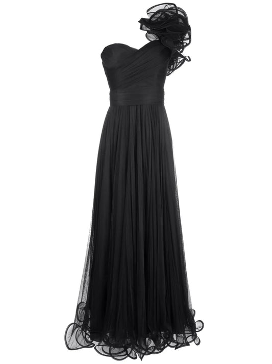 Floral-Appliqué Pleated Gown