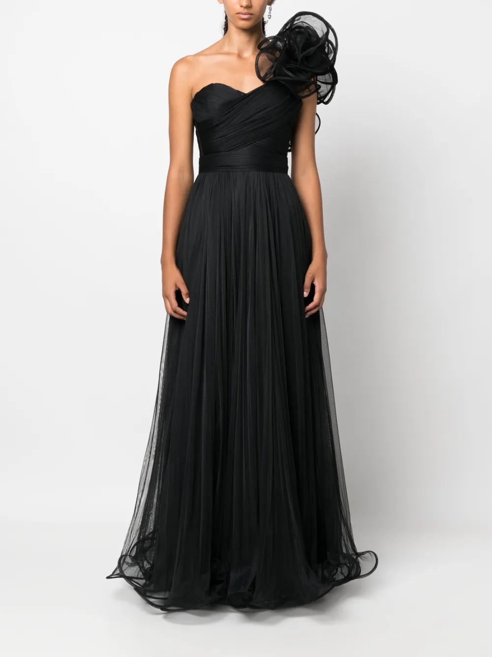 Floral-Appliqué Pleated Gown