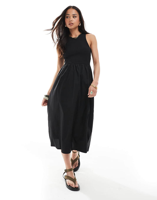 Ribbed Midi Dress With Poplin Skirt