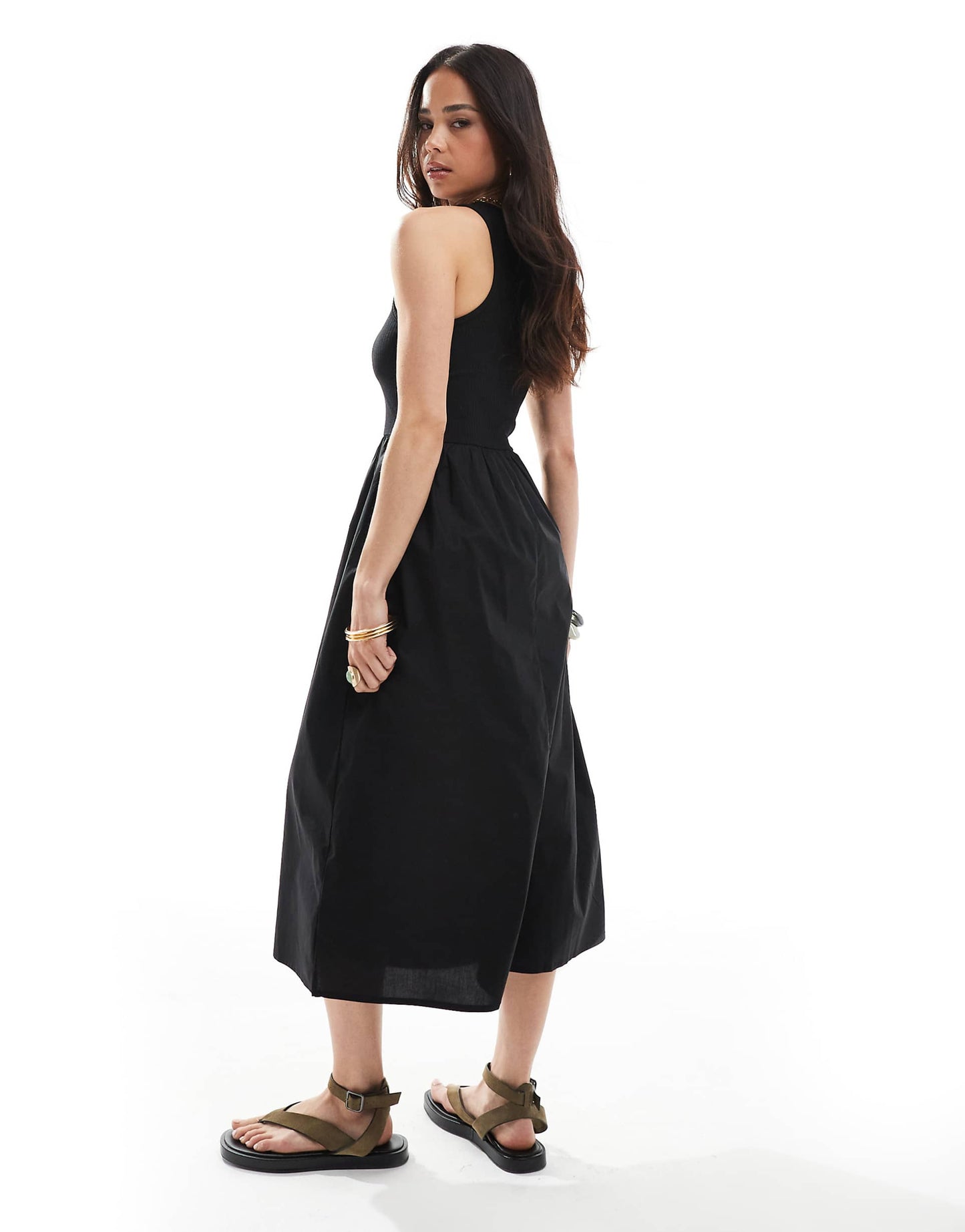Ribbed Midi Dress With Poplin Skirt