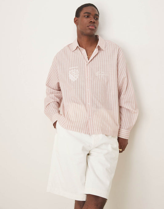 Linen Look Stripe Shirt With Embroidery