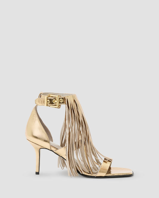 Paola Met Leather Fringe Heeled Sandal