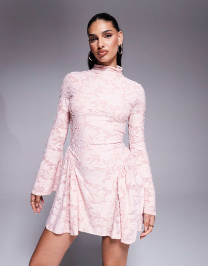 High Neck With Flutter Full Length Sleeves And Godet Inserts Devore Mini Dress