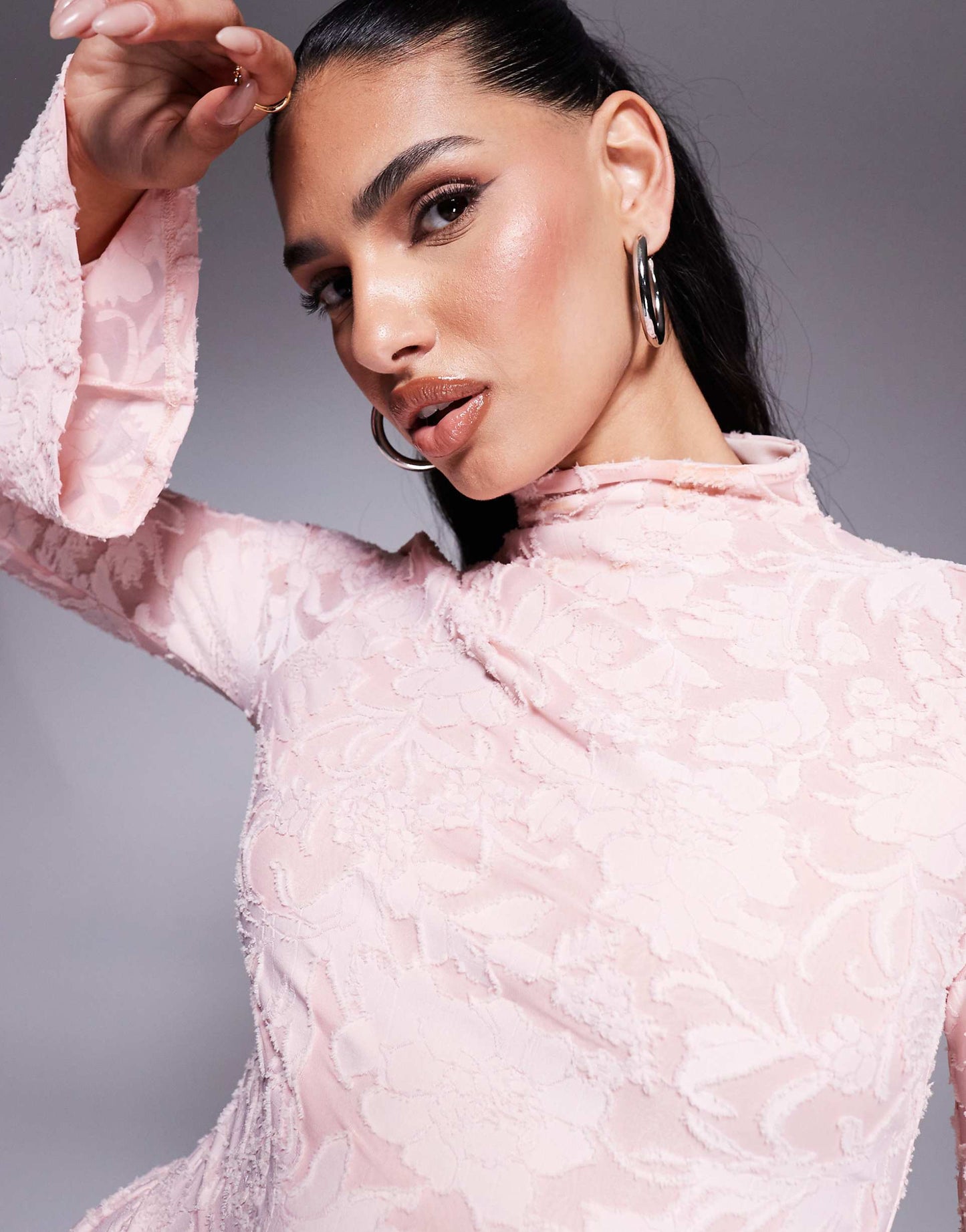 High Neck With Flutter Full Length Sleeves And Godet Inserts Devore Mini Dress
