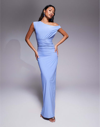 Double Sculpted Slinky Sleeveless Asymmetric Neck Ruched Bodycon Maxi Dress