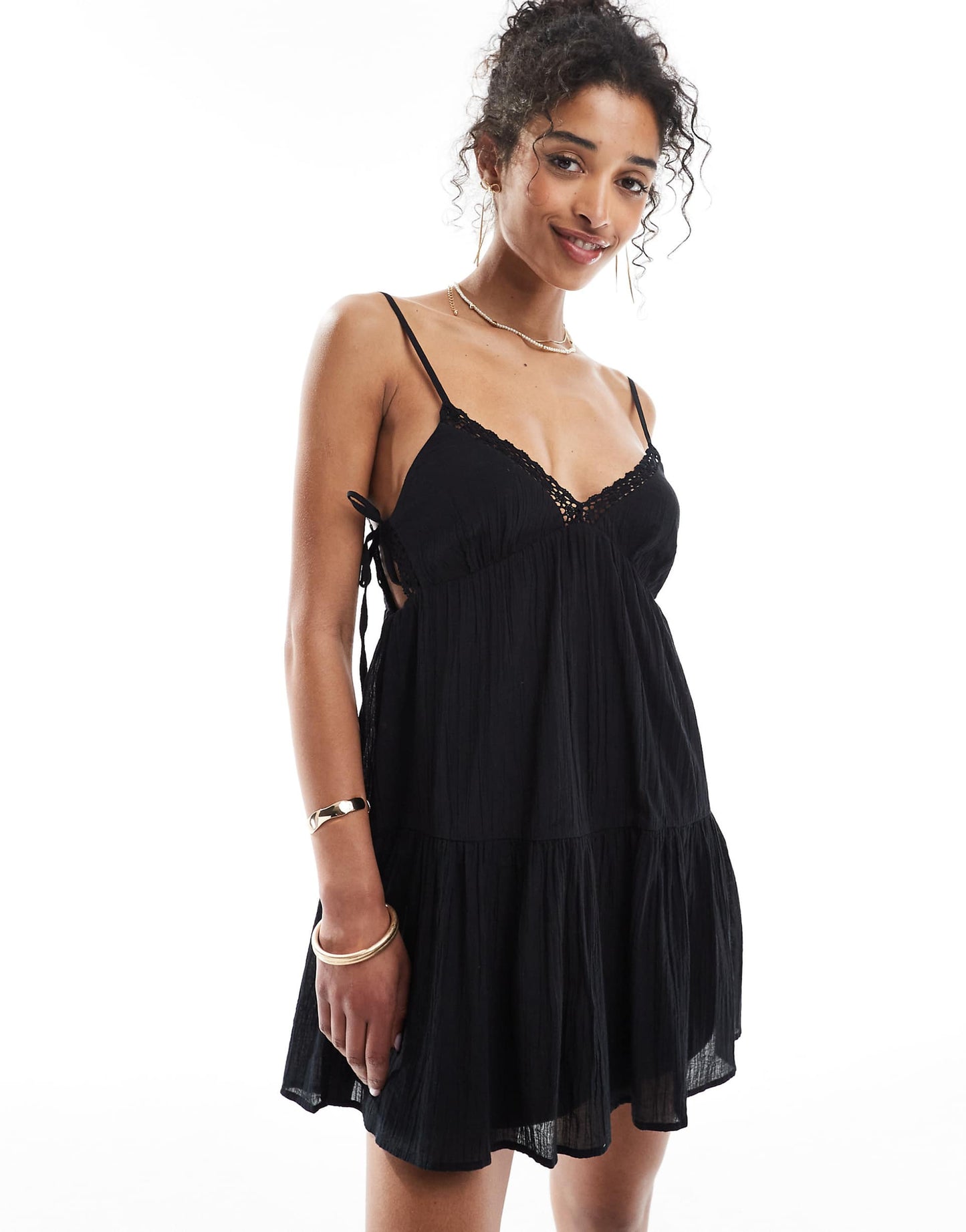 Strappy Lace Trim Tiered Mini Dress