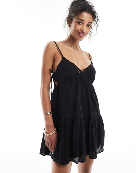 Strappy Lace Trim Tiered Mini Dress