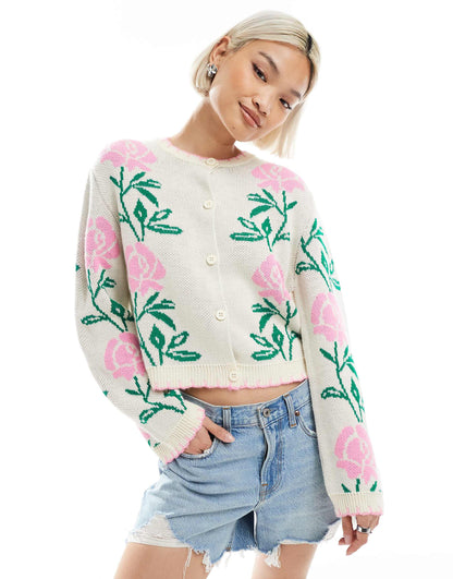 Pink Floral Blanket Stitch Knitted Cardigan