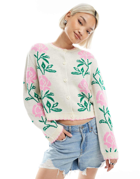 Pink Floral Blanket Stitch Knitted Cardigan