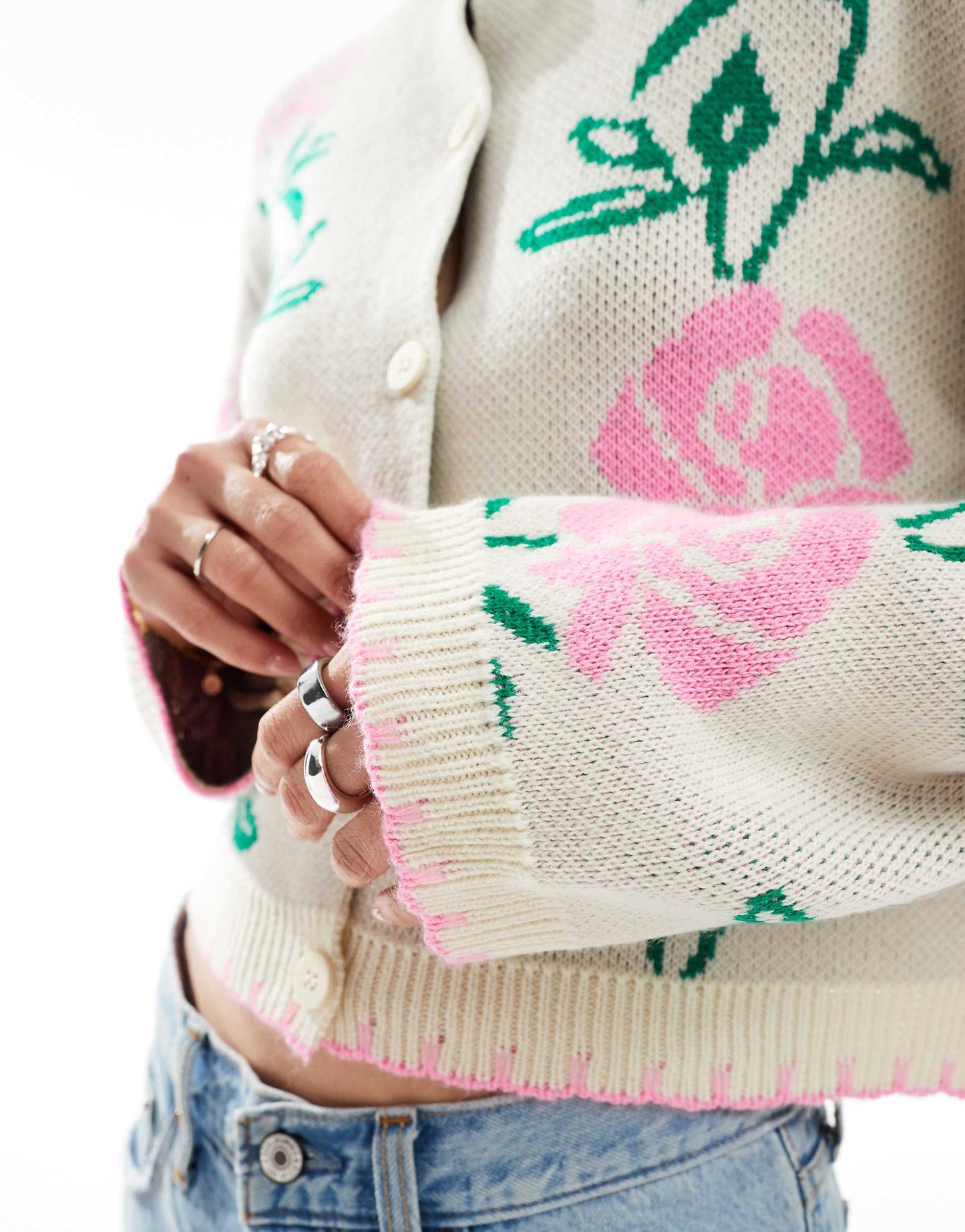 Pink Floral Blanket Stitch Knitted Cardigan