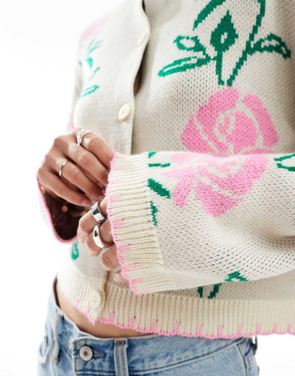 Pink Floral Blanket Stitch Knitted Cardigan
