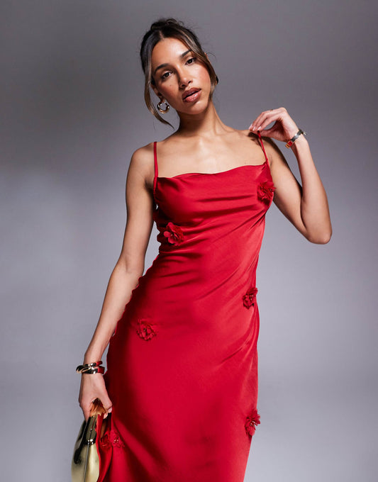 Corsage Detail Satin Slip Midi Dress