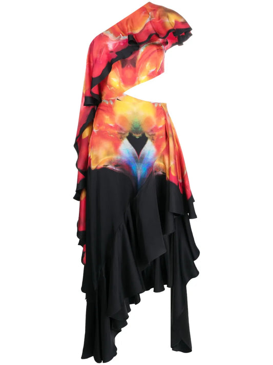 Solarised Orchid-Print Ruffled Dress