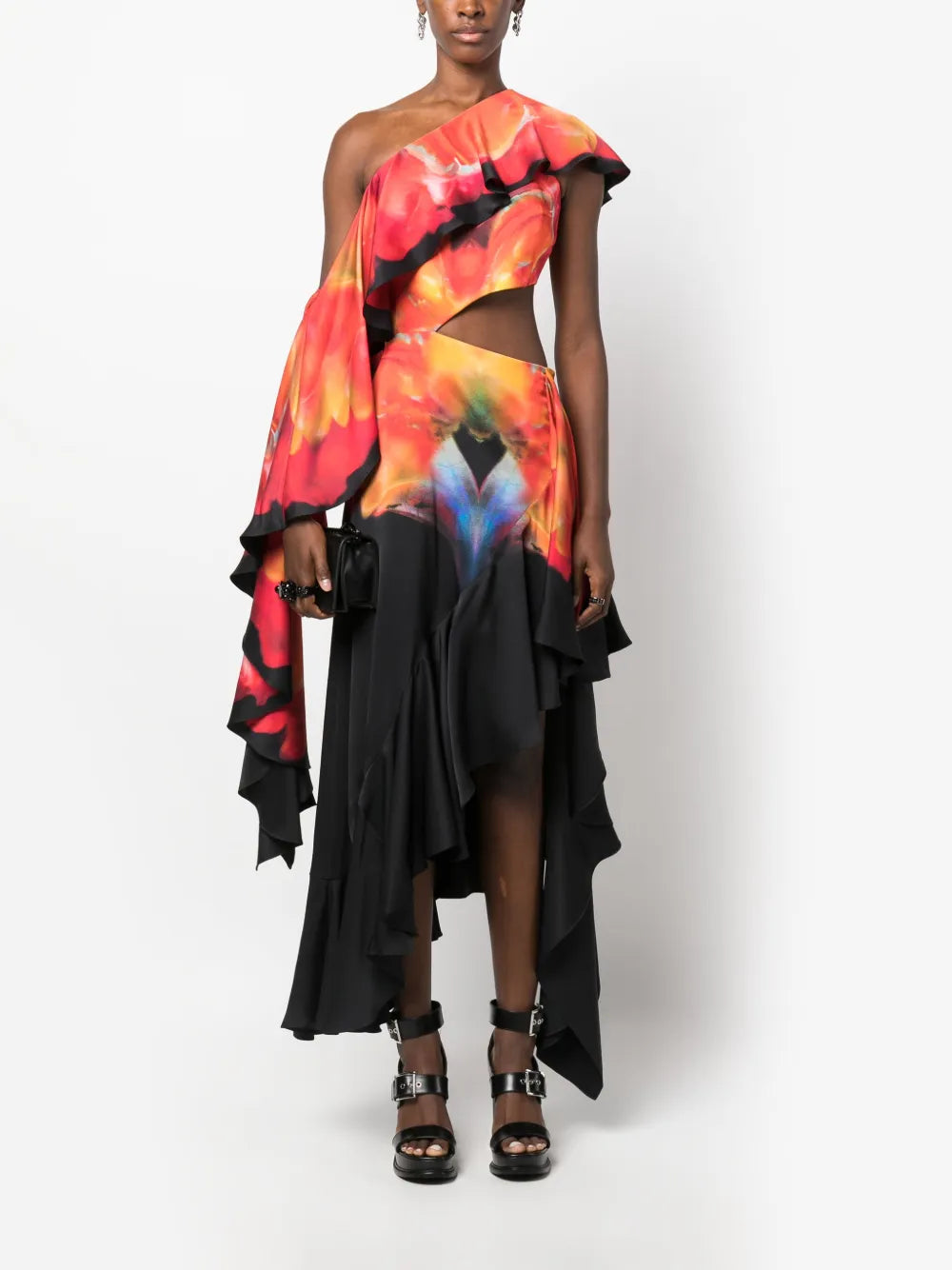 Solarised Orchid-Print Ruffled Dress