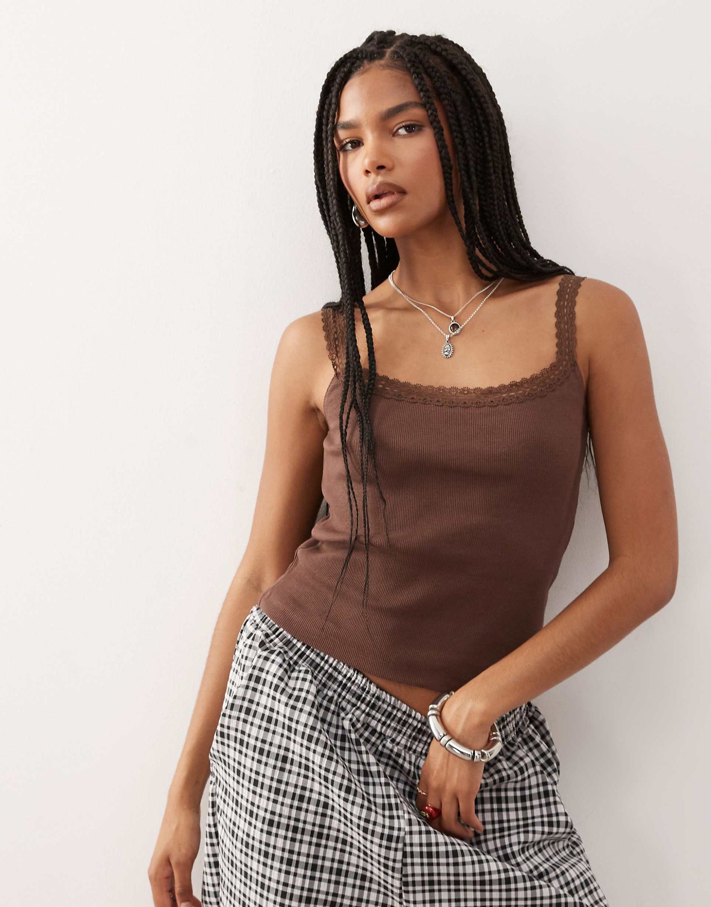 Scoop Neck Ribbed Top With Satin Lace Trim