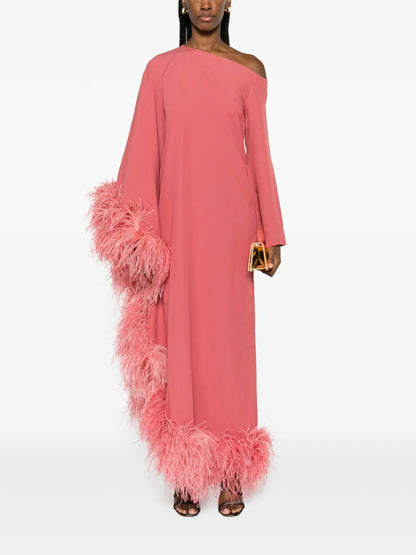 Ubud Extravaganza Feather-Trim Maxi Dress