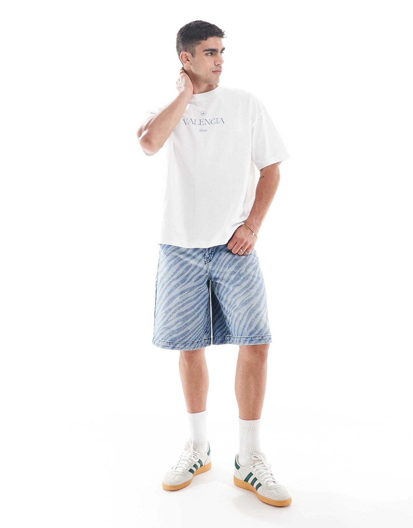 Long Length Denim Jort With Zebra Laser Print And Tint