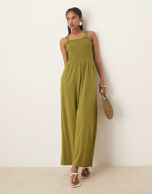 Shirred Bodice Wide Leg Jumpsuit
