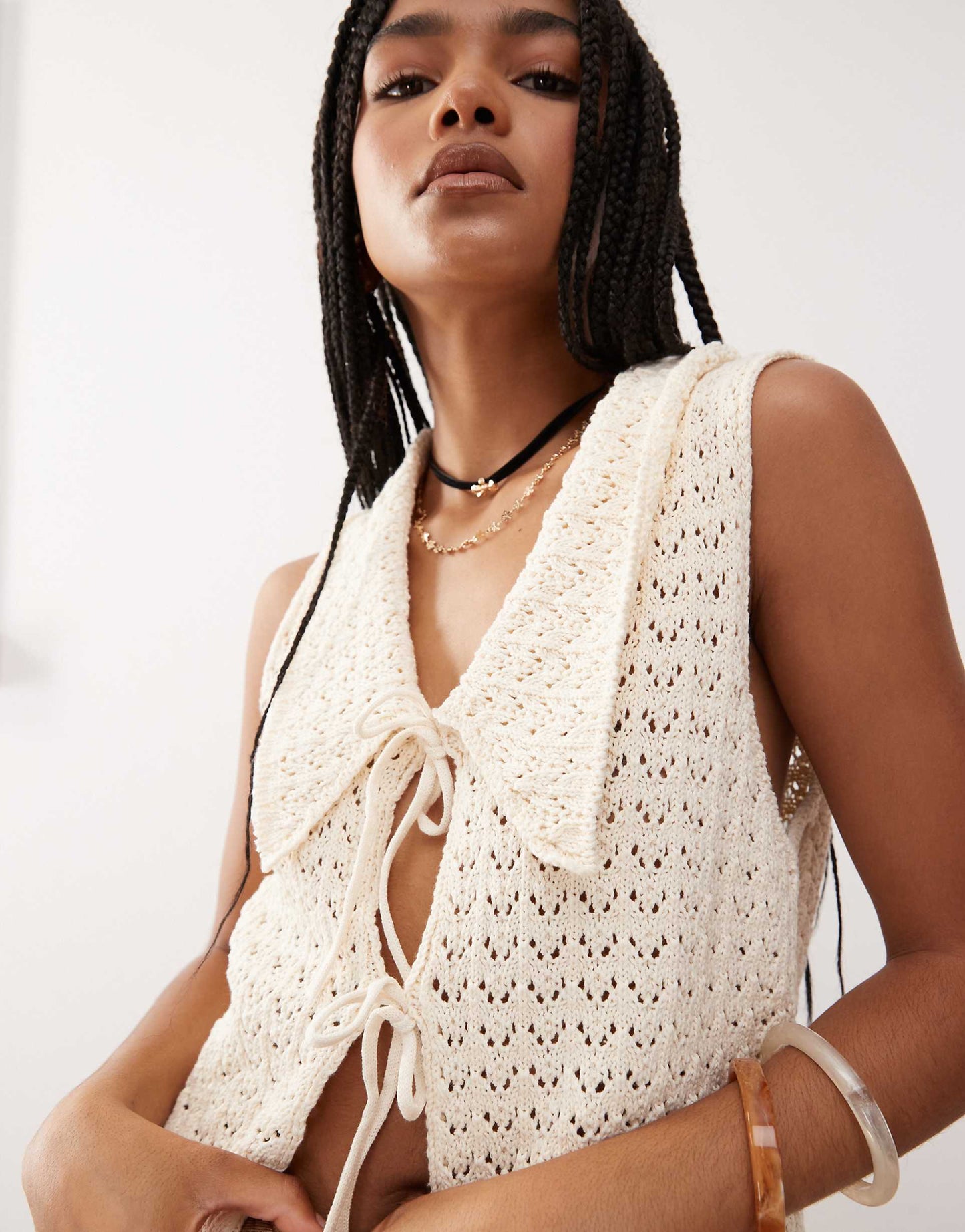 Knitted Collar Detail Tie Front Waistcoat