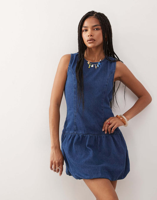 Sleeveless Denim Puffball Mini Dress