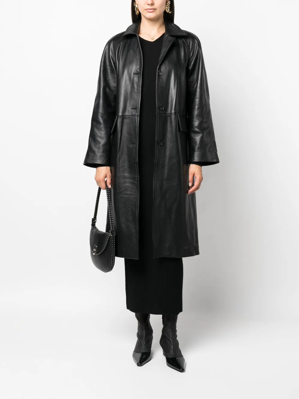 Raglan-Sleeves Leather Coat