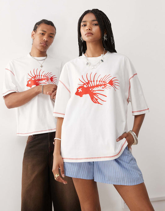 Unisex Printed White T-Shirt With Seam Detail And Fish Print