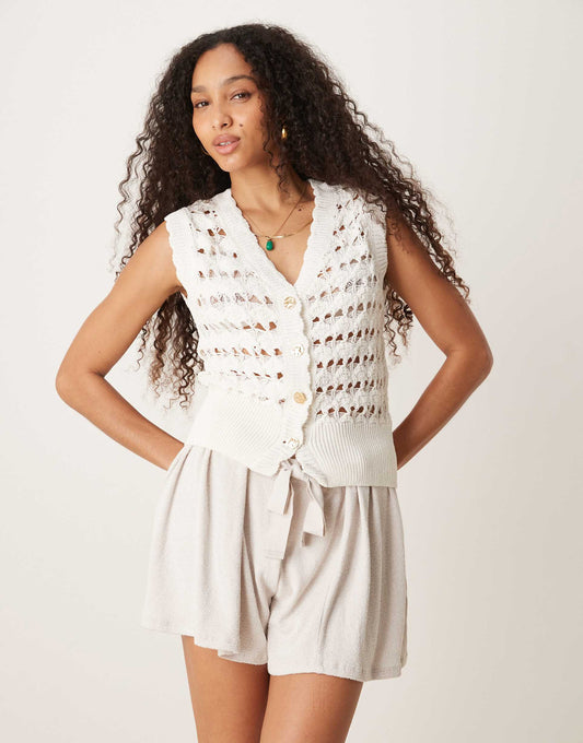 Open Stitch Knitted Waistcoat With Scallop Trim And Gold Buttons