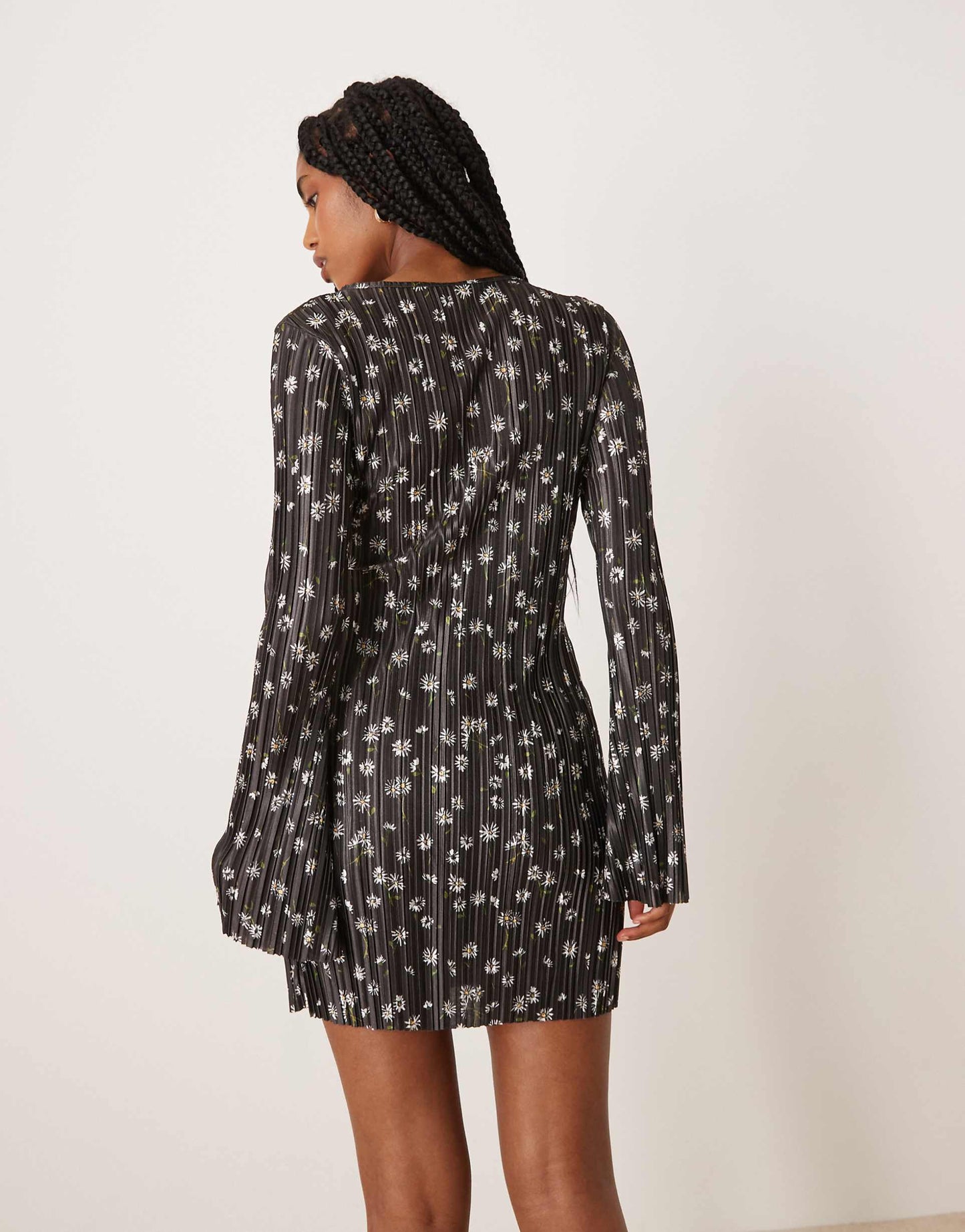 Plisse Long Angel Sleeve Wrap Front Mini Dress