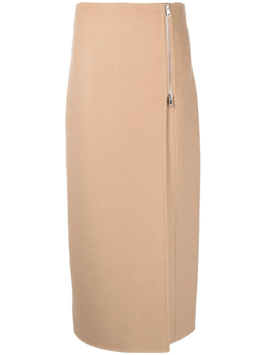 Zip-Up Straight Wool Skirt