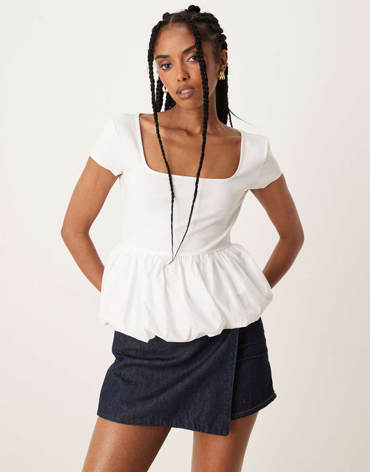 Square Neck Short Sleeve Ruffle Hem Top