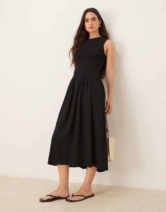 Shirred Body Dropped Waist Midi Dress