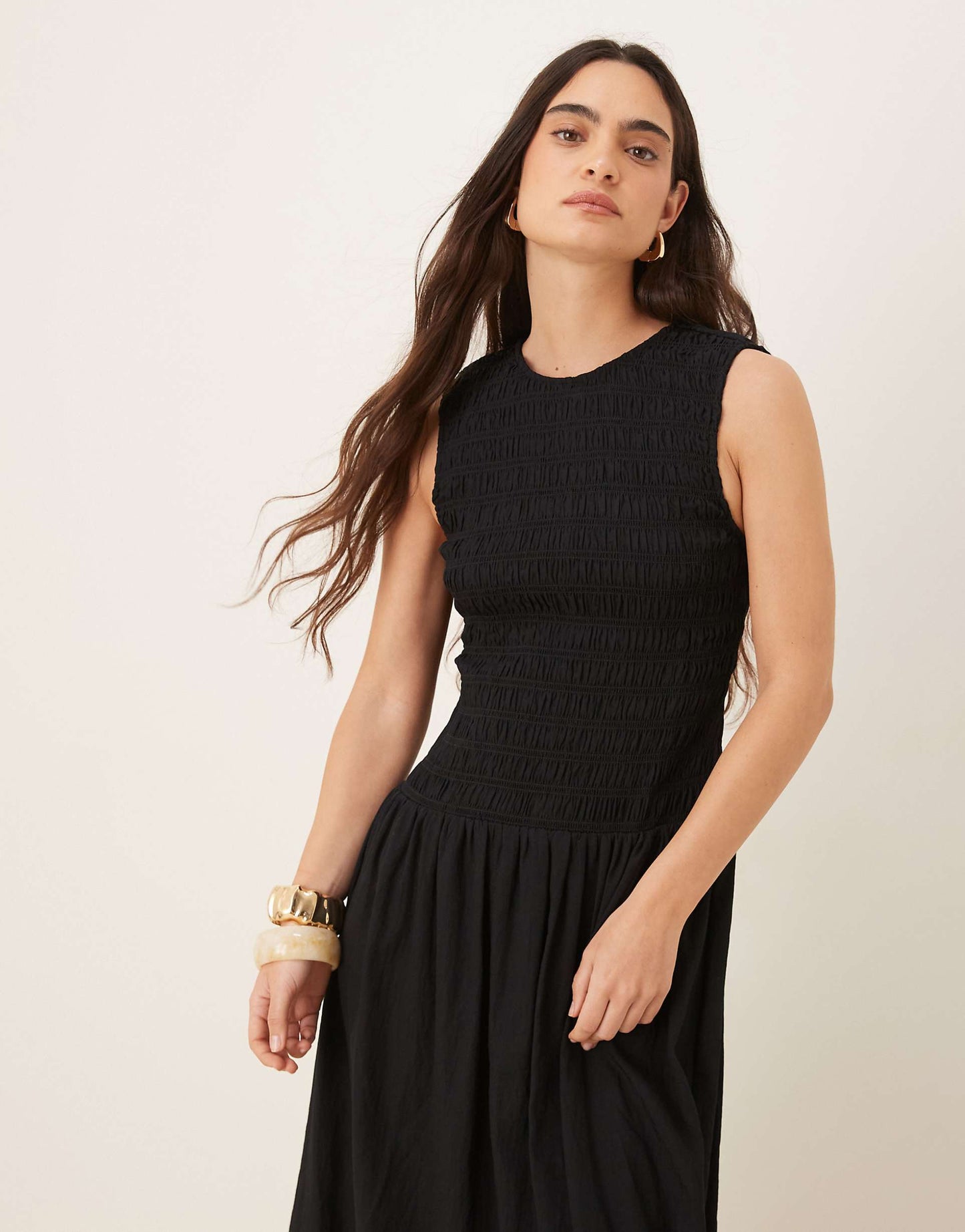 Shirred Body Dropped Waist Midi Dress