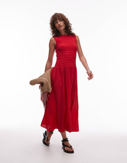 Shirred Body Dropped Waist Midi Dress