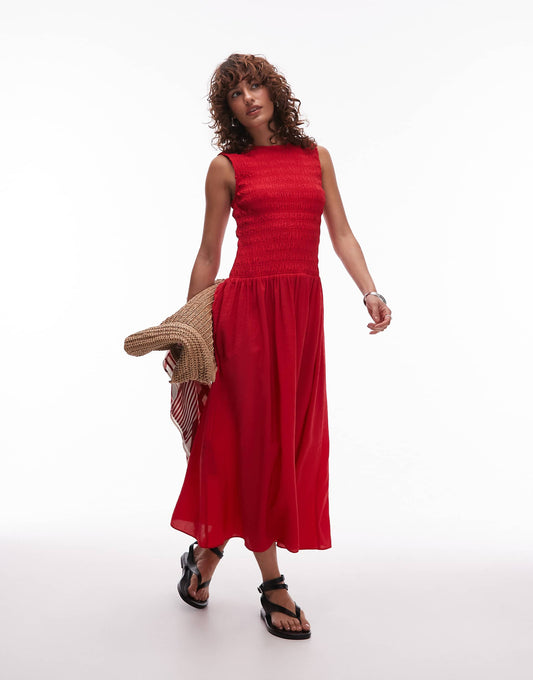 Shirred Body Dropped Waist Midi Dress