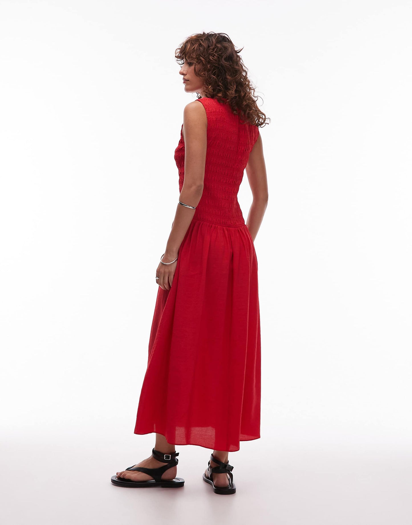 Shirred Body Dropped Waist Midi Dress