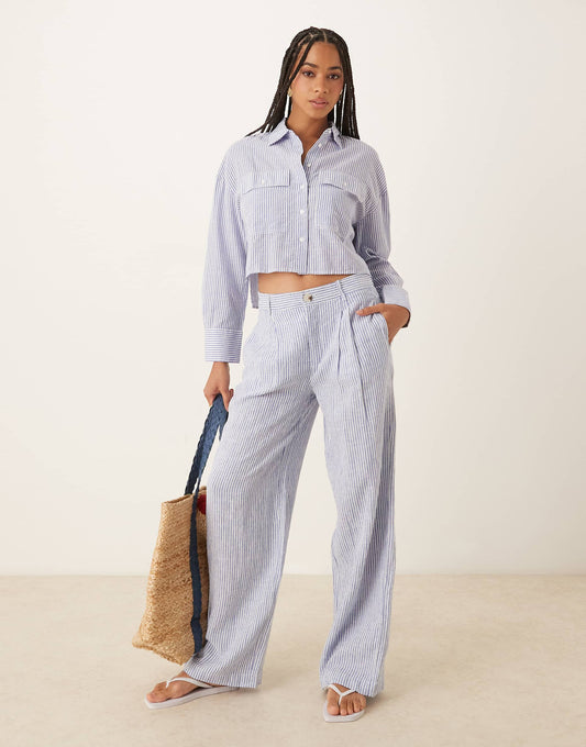 Linen Mix Stripe Elasticated Waist Trouser Co-Ord