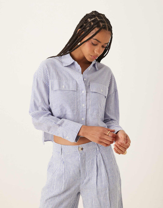 Cropped Stripe Linen Mix Shirt Co-Ord